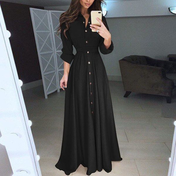 

new 2021 fashion women's casual sleeve solid elegant woman turn down collar button long white ankle es tvmd, Black;gray