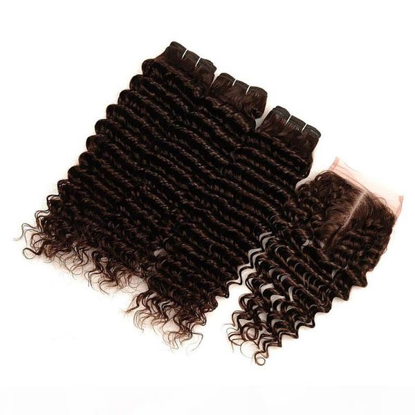 

peruvian chocolate brown virgin human hair bundles deals 3pcs with closure deep wave #4 dark brown hair weaves with 4x4 lace closure, Black