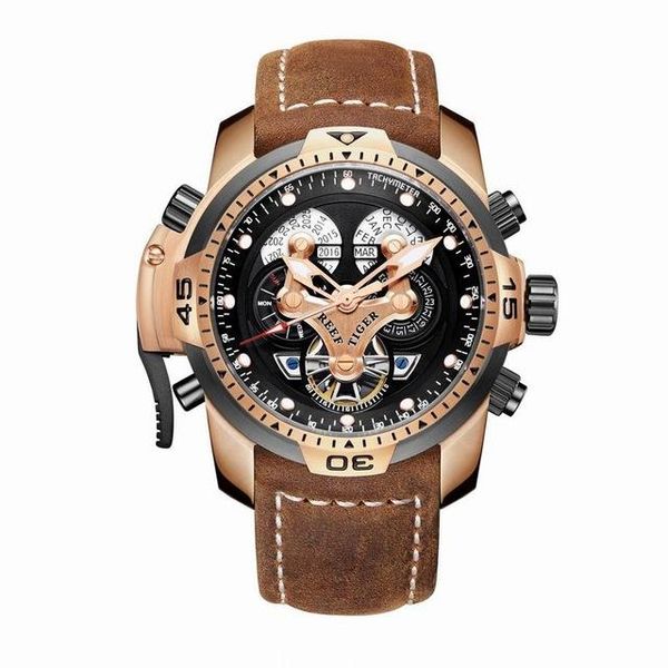 

wristwatches reef tiger mens automatic watches military male watch mechanical wristwatch perpetual calendar leather strap sapphire rga3503, Slivery;brown