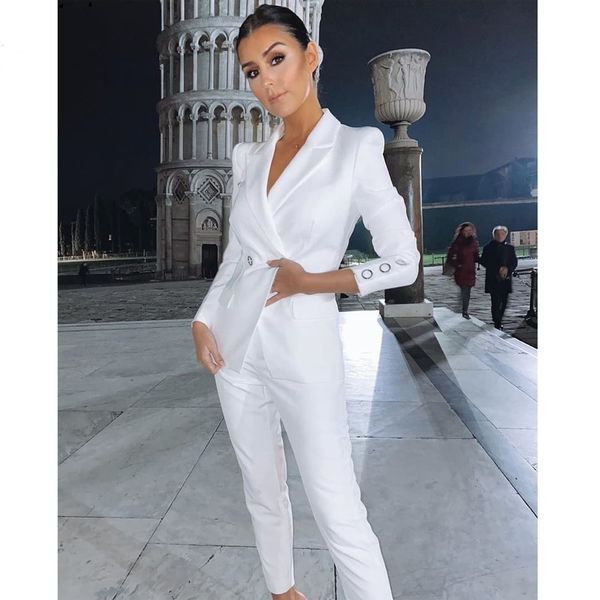 Basit Beyaz Kadın Blazer Abiye Takım Elbise Seksi V Boyun Kruvaze Resmi Ofis Kıyafet Lady Pantolon Suit 2 Parça Balo Parti Abiye (Ceket + Pantolon)