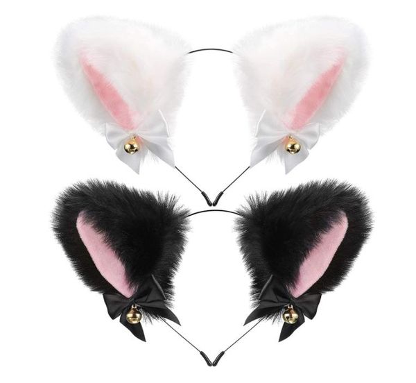 Pelúcia Furry Gato Orelhas Headband Com Fita Bels Halloween Cosplay Traje Acessórios Anime Lolita Menina Partido Headband Headwear para Adulto Crianças Branco Preto