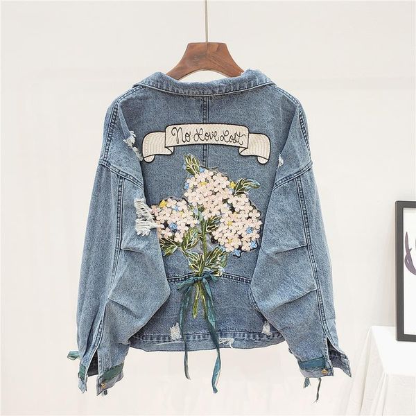 

women's jackets spring autumn harajuku flower embroidery blue denim jacket women loose plus size batwing sleeves hole jean female outwe, Black;brown