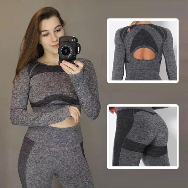 

seamless vital women sport suit yoga set gym workout clothes long sleeve fitness crop + high waist energy leggings, White;red