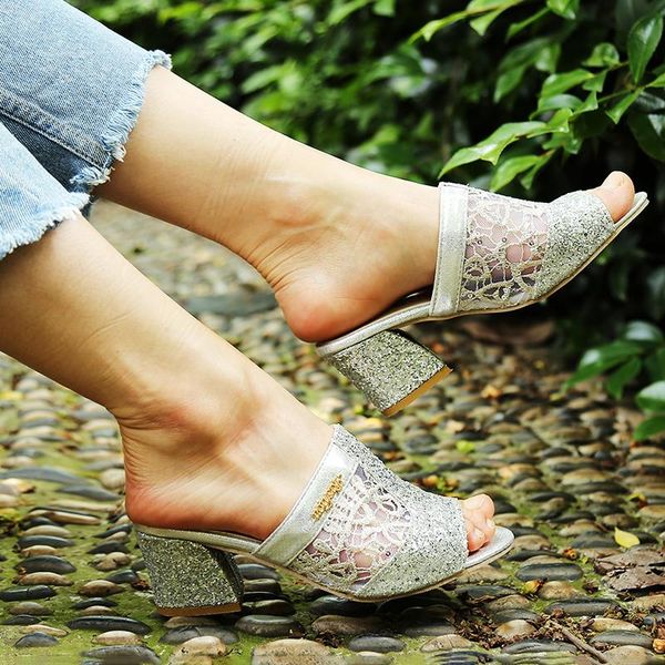 

slippers 2021 women glitter mesh sandals summer fashion peep toe casual thick heel shoes slip on plus sizes 917449, Black