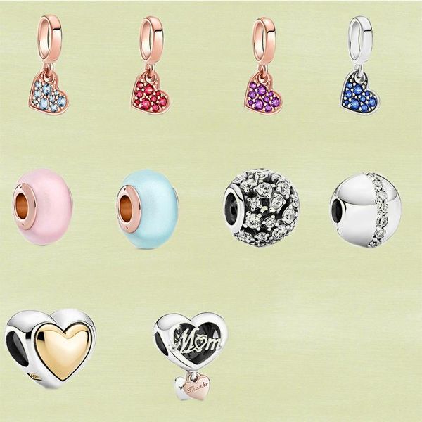 

other 2021 s925 sterling silver hollow matte, pink blue murano, multicolor glass pavé slanted heart-shaped pendant for ladies