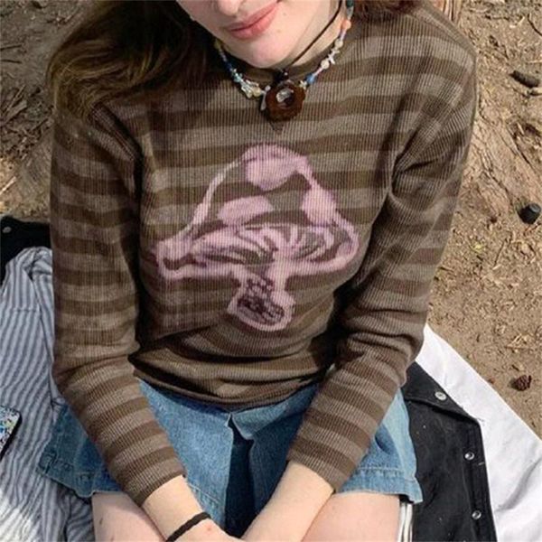 

women's sweaters kawaii mushroom knitted sweater autumn women vintage stripe knitwear streetwear grunge long sleeve kpop pullover y2k e, White;black