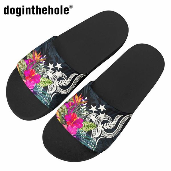 

slippers doginthehole women thick soft polynesian plumeria kosrae flower printing summer beach slipper ladies indoor floor shoes, Black