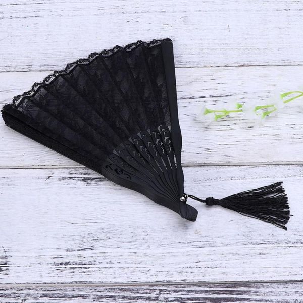 

vintage lace folding fan creative handheld foldable fan retro chinese style hollow out lace for female (black)