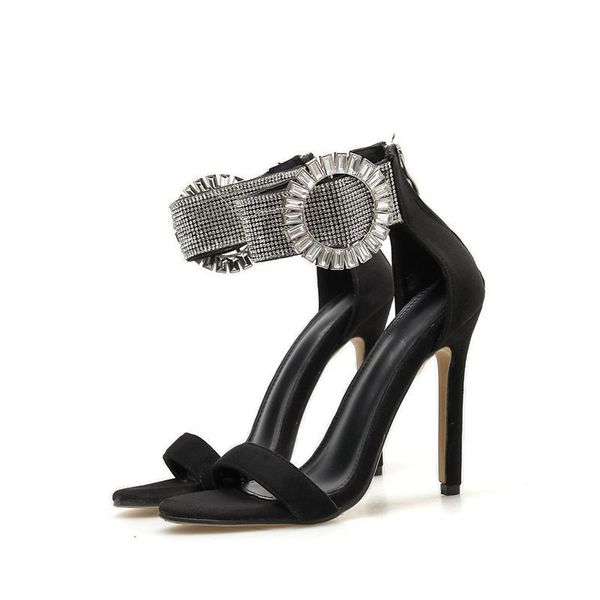 

2021 new fashion women sequins rhinestone ankle buckle strap peep toe thin high heels sandals lady nightclub shoes 41 42 2119, Black