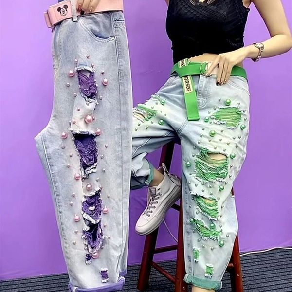 

women's jeans estilo rua para as mulheres verÃ£o cintura alta pesada pÃ©rola frisado buraco mendigo jeans feminino rasgado calÃ§as de brim, Blue