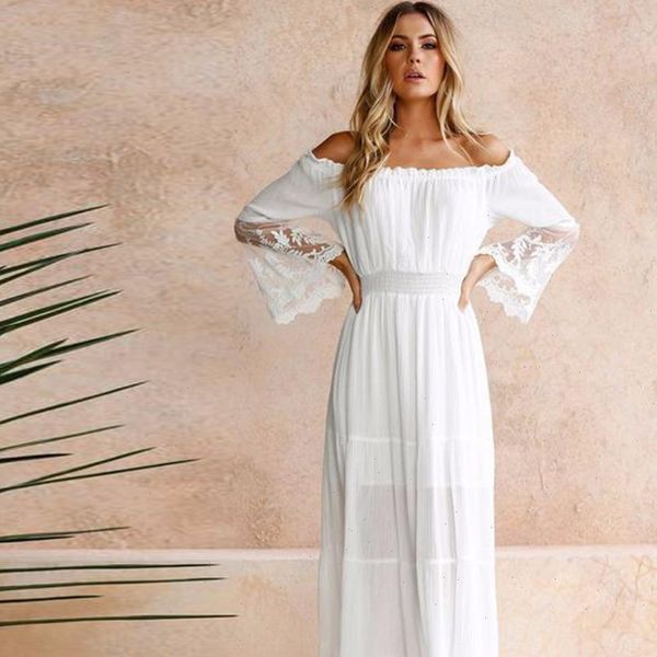 

summer sundress long women white beach dress strapless long sleeve loose off shoulder lace boho cotton maxi dress, Black;gray
