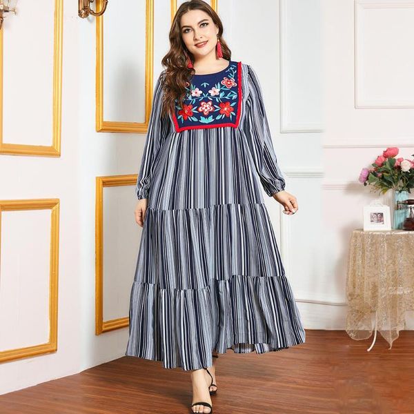 

plus size dresses fridayin 2021 summer women's bohemian black stripe round neck long sleeve geometry print loose kaftan