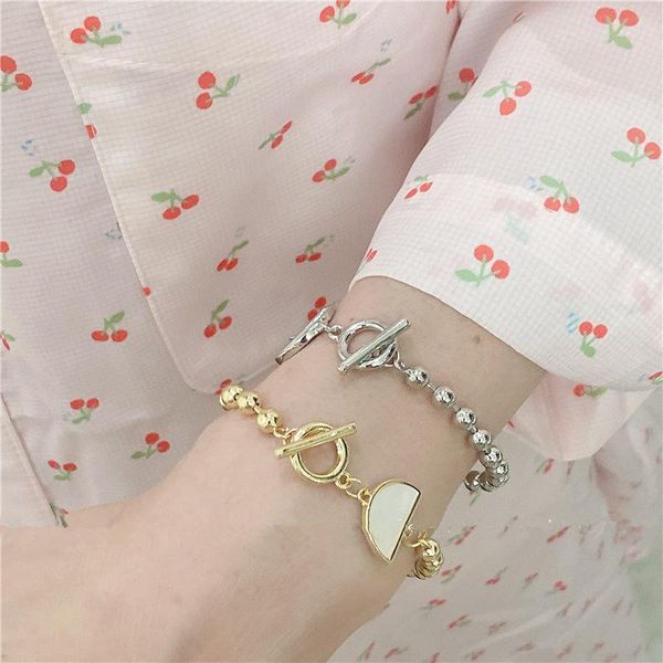 

link, chain aomu ins trendy geometric gold silver color shell semicircle bangle ot buckle metal bead bracelet for women fashion jewelry gift, Black