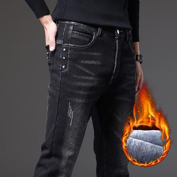 

men's jeans 2021 winter trend brand fleece thick warm straight stretch classic leather youth slim tapered pants, Blue