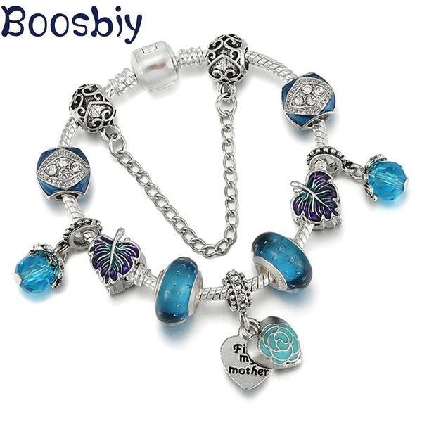 

charm bracelets design purple & green leaves beads bracelet with lake blue flower pendant diy fashion for women jewelry gift, Golden;silver