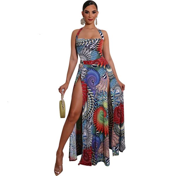 

2021 new quality summer women off shoulder halter backless maxi abstract ethnic printed high slit beach es 7s36, Black;gray