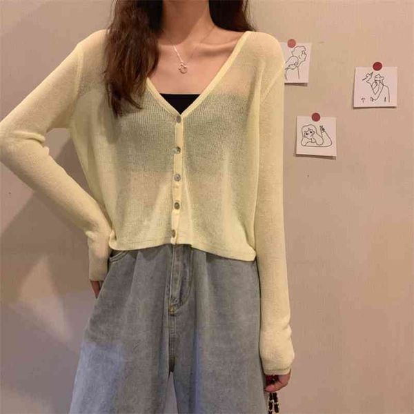 

thin cardigan women summer long sleeve crop knitted sweater white v-neck sunscreen cardigan loose 210812, White;black