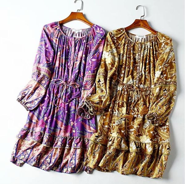 

bohemian women purple leaves floral print short dress open button tassel bandage lacing up waist long sleeve holiday dresses, Red