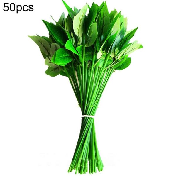 

50pcs roses flower stems green leaf flower pole bouquet wedding diy decoration artificial plants
