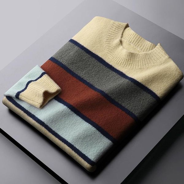 

male autumn winter sweaters round collar thicken stripe mens sweaters fashion slim fit mock neck man sweater, White;black