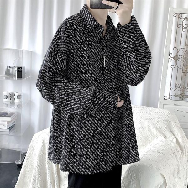 

men's casual shirts japanese style fashion hip-hop long-sleeved shirt korean letter printing loose street, White;black