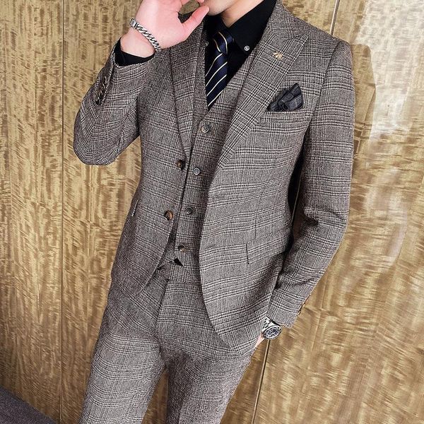 

men's suit three piece bridegroom's dress business korean slim youth plaid suits & blazers, White;black