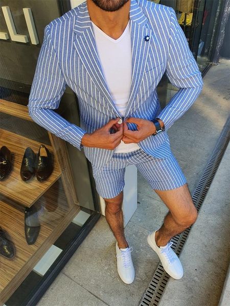 

men's suits & blazers 2021 summer sky blue stripes men 2 pieces short pant fashion casual suit tailored collar blazer coat+pant, White;black