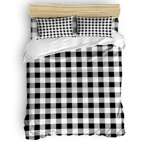 Bettwäsche-Sets Pastoral-Stil Schwarz-Weiß-Gitter-Set Bettlaken Kissenbezug Schlafzimmer Tröster Home Bettbezug