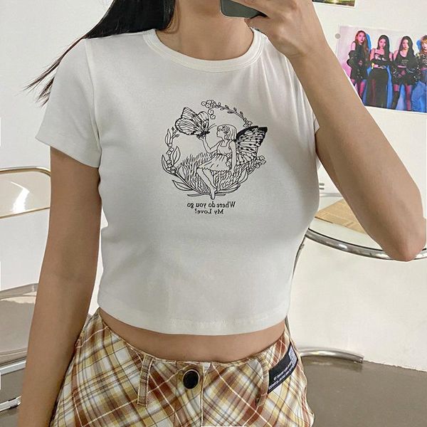 

women's t-shirt gaono vintage letter print crop women casual short sleeve cotton pullover tees summer slim woman 2021, White