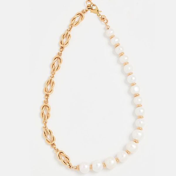 

chokers luxury chunky 24k antique gold plated linked infinity knots chain half strand imation pearls necklace women jewelry creative, Golden;silver