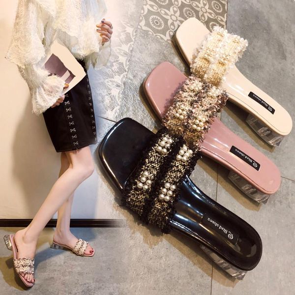 

slippers shoes square heel heels slipers women luxury slides loafers string bead low block high summer 2021 designer pu rubber, Black