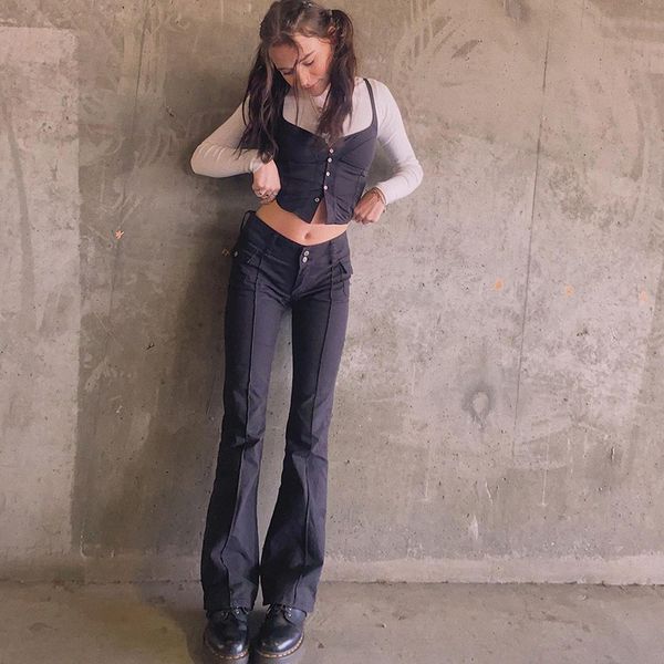 

black vintage skinny long trousers women casual y2k low waist pants capris fashion pocket sweatpants streetwear 2021, Black;white