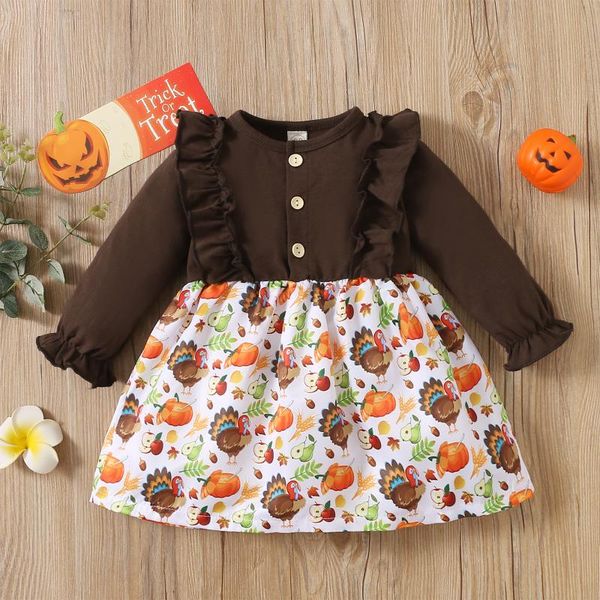 

girl's dresses 2022 little girls casual long sleeve dress infants toddler cartoon thanksgiving print stitching round neck a-line for 0-, Red;yellow