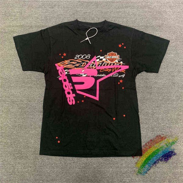 

pink young thug sp5der 555555 t shirt men women 1:1 quality foaming printing spider web pattern t-shirt fashion tees, White;black
