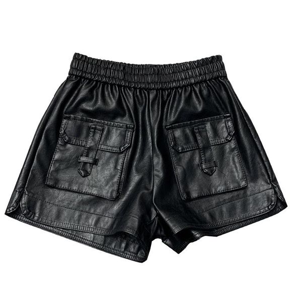 

women's shorts 2021 autumn winter safari style pu leather women elastic waist wide leg, White;black