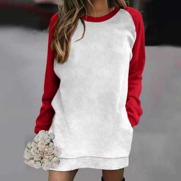 

2021 women's autumn and winter contrast color long sleeve loose pocket sweater dress, White