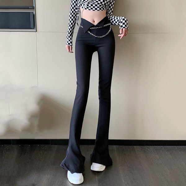 

women's pants & capris 2021 fashion cuffed micro-flared slim slimming leisure chain design sense horseshoe, Black;white
