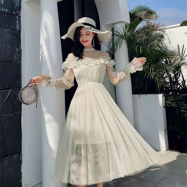 

new spring autumn women dress flare sleeve patchwork mesh turtleneck half a high-end french lace dresses blue apricot 9086 210309, Black;gray