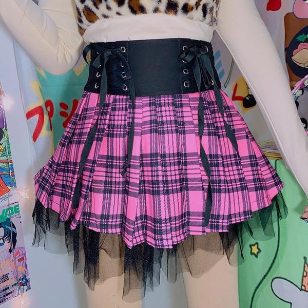 

japanese plaid pleated skirt women harajuku girl y2k millennial lace ribbon high waist mini lace-up kawaii cute skirt female, Black