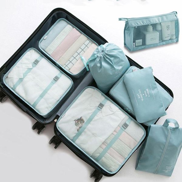 

storage bags 8 pieces set folding clothes organizer mesh drawstring underwear pocket travel clothing shoe wash bag