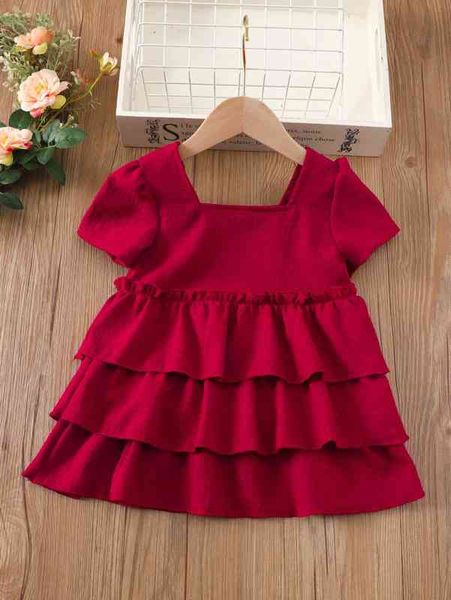 

baby square neck puff sleeve layered ruffle hem dress she, Red;yellow