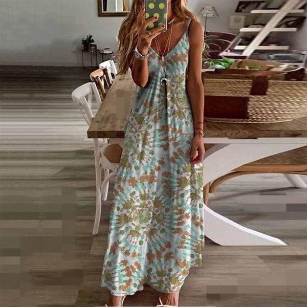 

casual dresses 40# spaghetti strap boho dress woman vintage floral print v-neck big swing summer sleeveless backless holiday, Black;gray