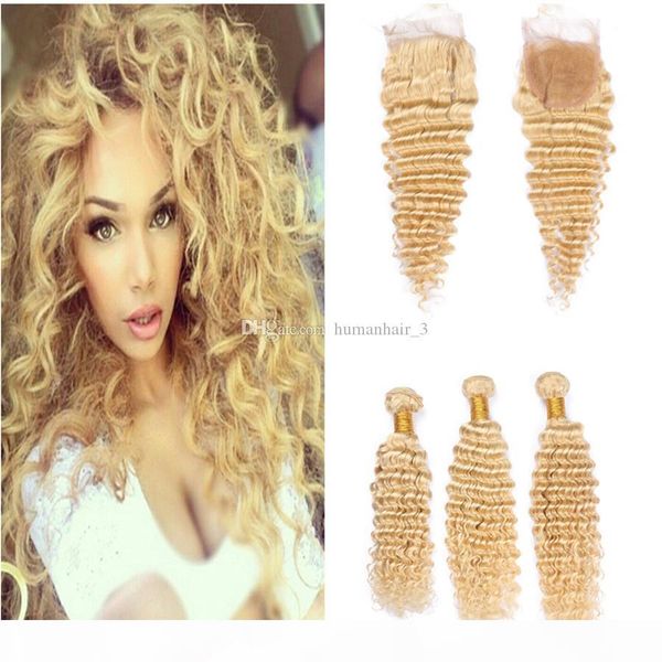 

deep wave human hair weave bundles blonde brazilian virgin human hair extension with lace closure #613 blonde curly hair weaves with closure, Black;brown