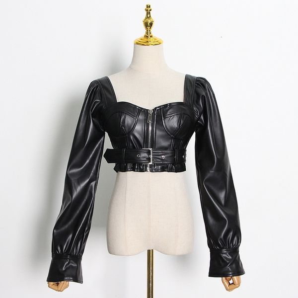 

women's blouses & shirts women leather crop autumn spring high waist belted backless blouse shirt uhfh, White