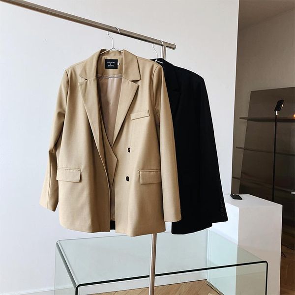 

spring 2021 elegant women blazer double placket design sense suit jacket female korean black khaki loose casual suit coat, White;black