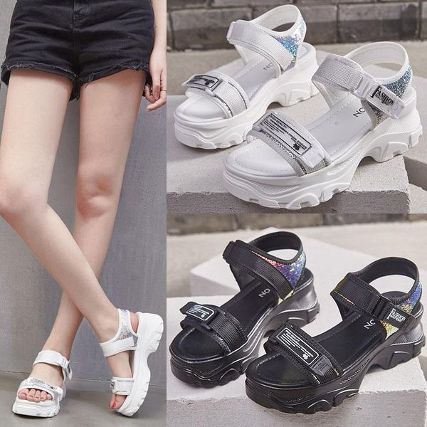 

dress shoes casual glitter women sandals zapatos de mujer sandalias 2021 summer sequin ladies white footware chaussures femme, Black