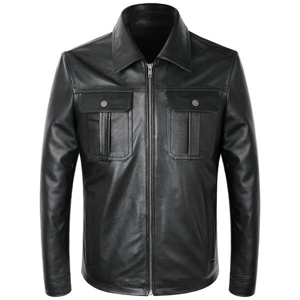 

men's leather & faux genuine jacket black real trucker coat men casual cowhide short style biker jackets
