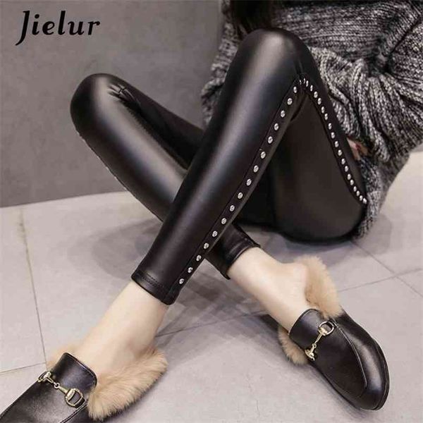 

jielur winter fleece matte pu leather leggings women fashion rivets push up pencil pants 4 colors s-xxxl lady high waist legging 210914, Black