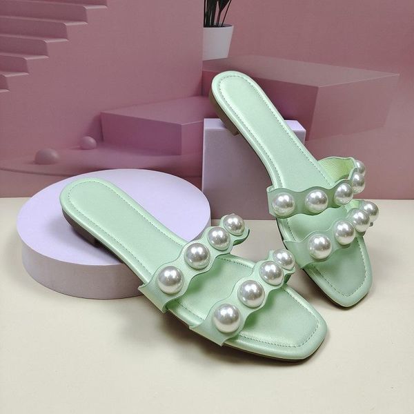 

slippers 5 color fashion summer sandals big pearl and female flat bottom lazy drag large size, Black