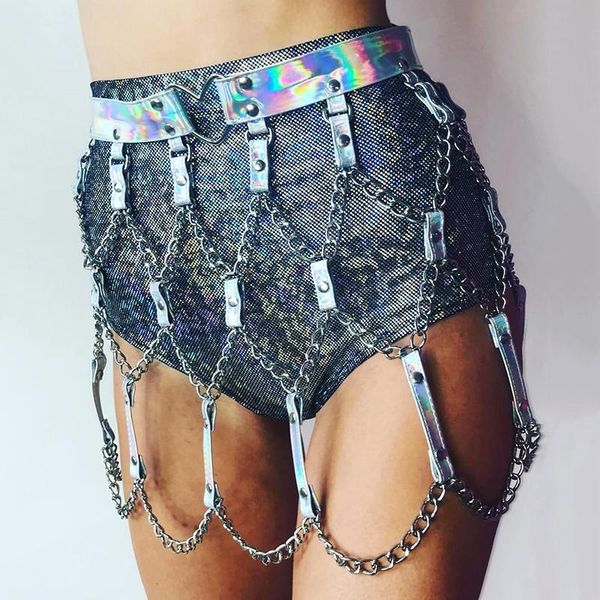 

skirts brilliant fishnet pu mini skirt hollow metal rivet link chain lady 2021 punk night party rave festival laser, Black
